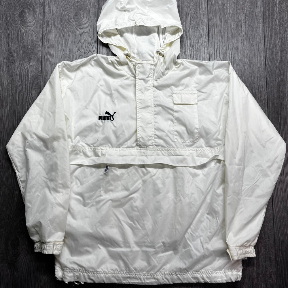 Puma Vintage White Ripstop Windbreaker Anorak Hooded Jacket Mens Small
